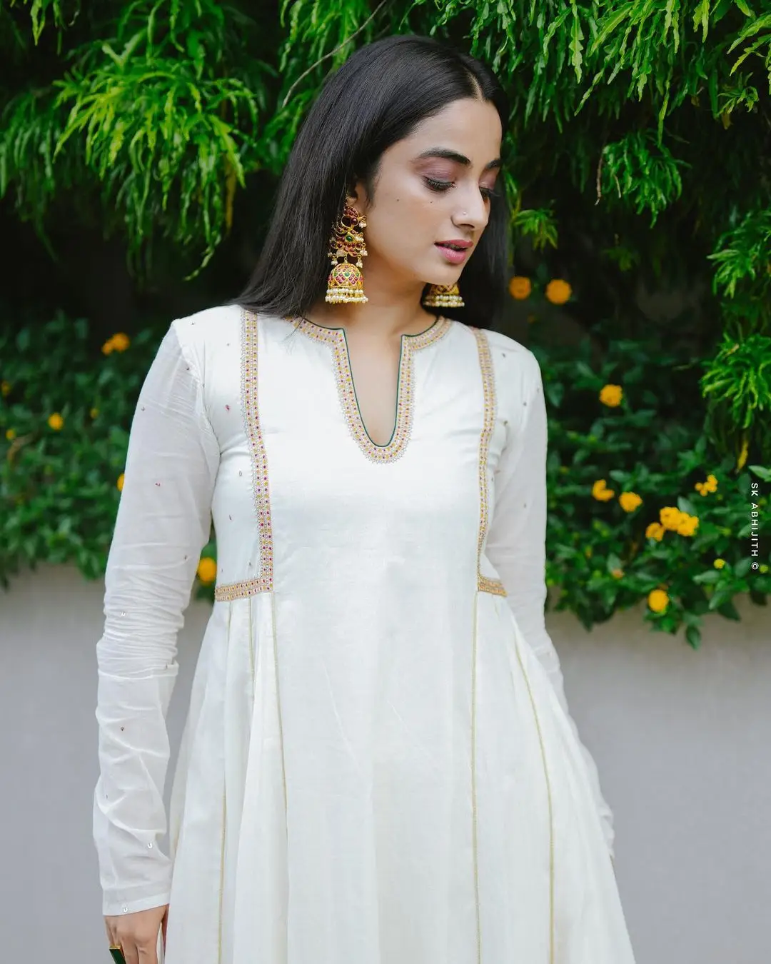 Namitha Pramod Wearing Beautiful Earring Jewellery White Dress